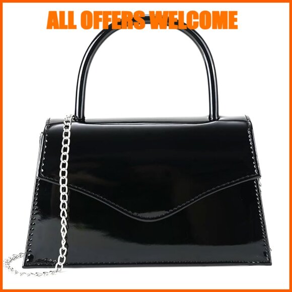 Faux Patent Leather Clutch Purse with Handle and Chain Strap